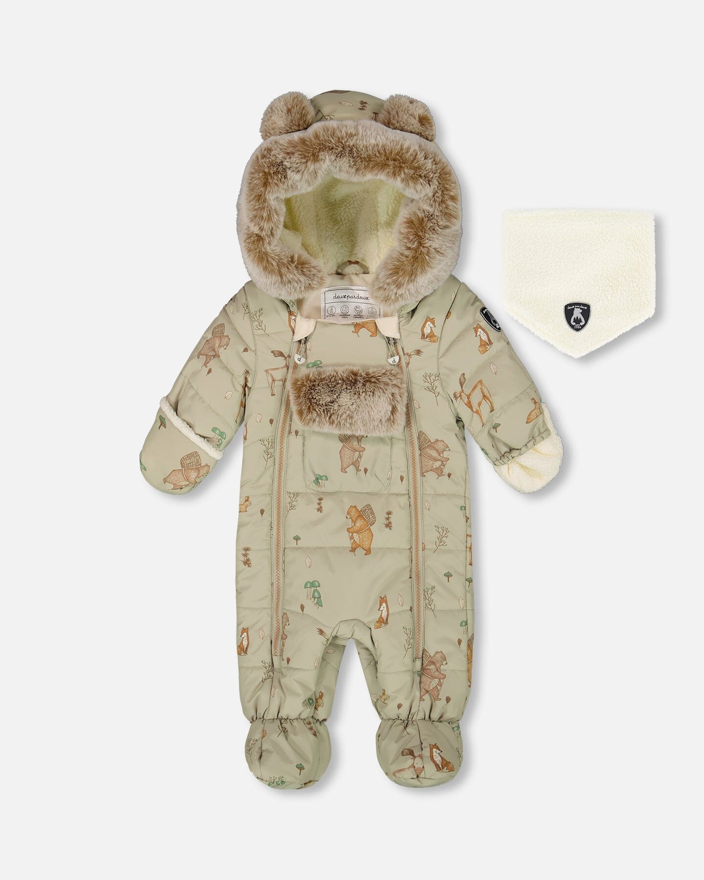 One-Piece Baby Layette Snowsuit Designed For Car Seat Green Animal Print